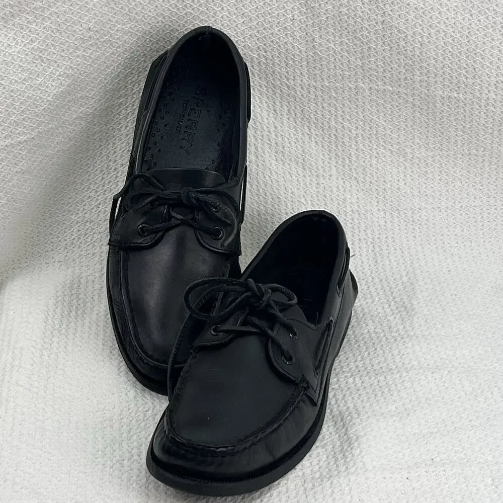 Sperry Top-Sider Men’s 9.5 M Black Leather Boat Shoes 2-Eye Lace Casual 0836981